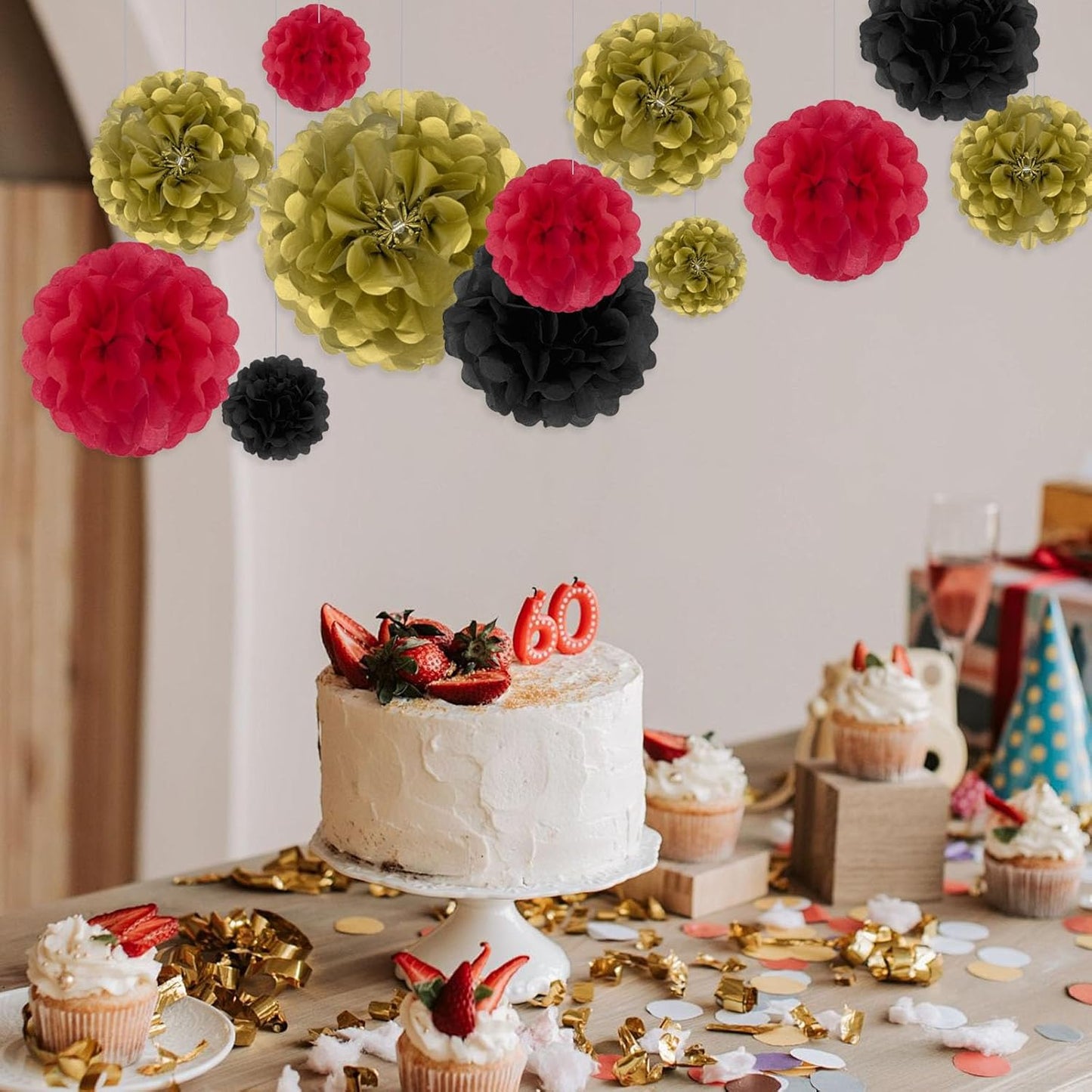 Tissue Paper Pom Poms, Black Gold Red Tissue Paper Flowers, Hanging Flower Balls for Weddings Fiesta Parties Birthday Baby Showers Classroom Bridal Shower Decoration (18Piece Set-6/10/12/14Inch)