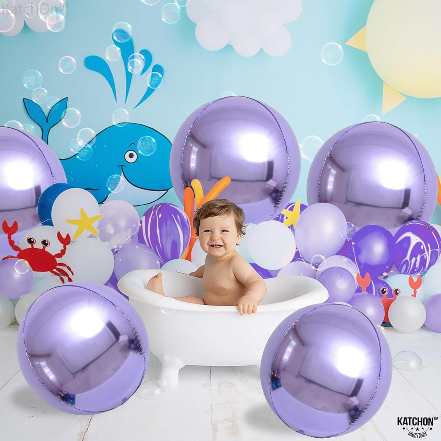 KatchOn, Big Purple Mylar Balloons - 22 Inch, Pack of 6 | Round 4D Metallic Lavender Balloon for Purple Party Decorations | Metallic Balloons for Anniversary | Unicorn, Mermaid Birthday Decorations