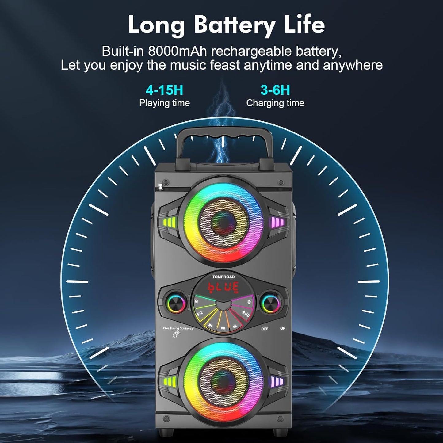 Portable Bluetooth Speakers 60W Big Powerful Wireless Loud Stereo Bass Sound Boombox Home Party Speaker with Subwoofer, FM Radio, LED Colorful Lights