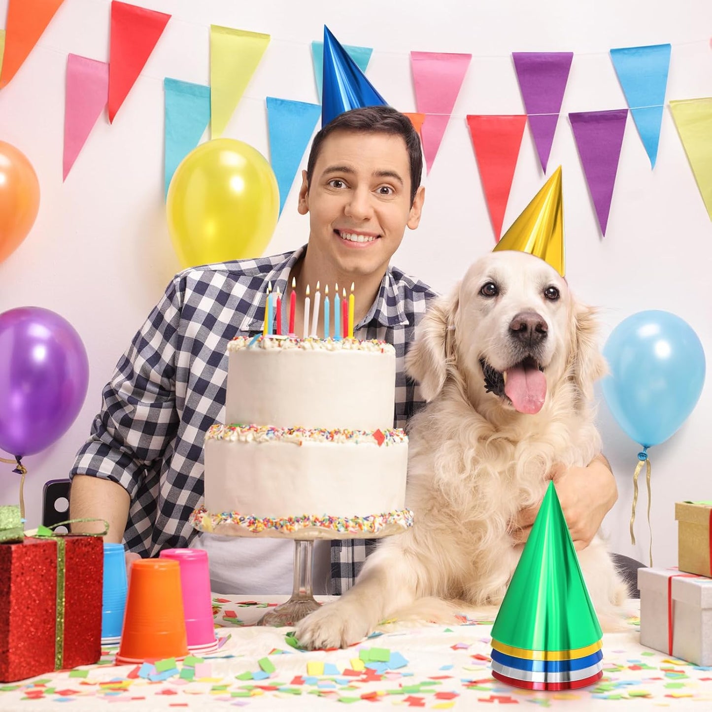 Sumind Colorful Birthday Party Hats Cone Hats for Adults Metallic Foil Cone Headwear