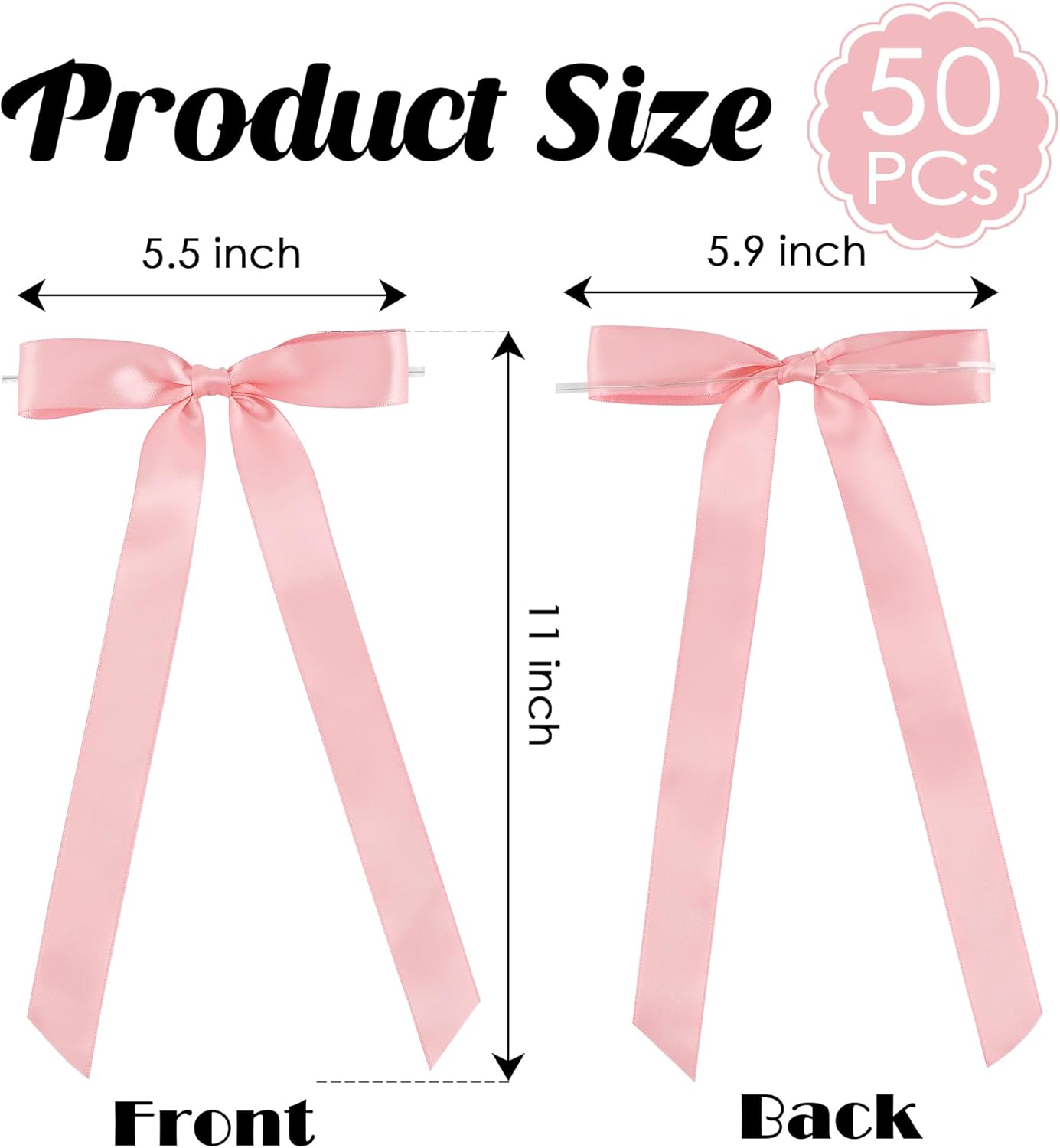 50 PCs Pink Bow Decor 5.5'' Satin Bows with Long Tail, Twist Tie Bows for Craft, Packaging Ribbon Bows, Premade Bows for Cake Decorating, Gift Bows for Treat, Wedding Favor, Party
