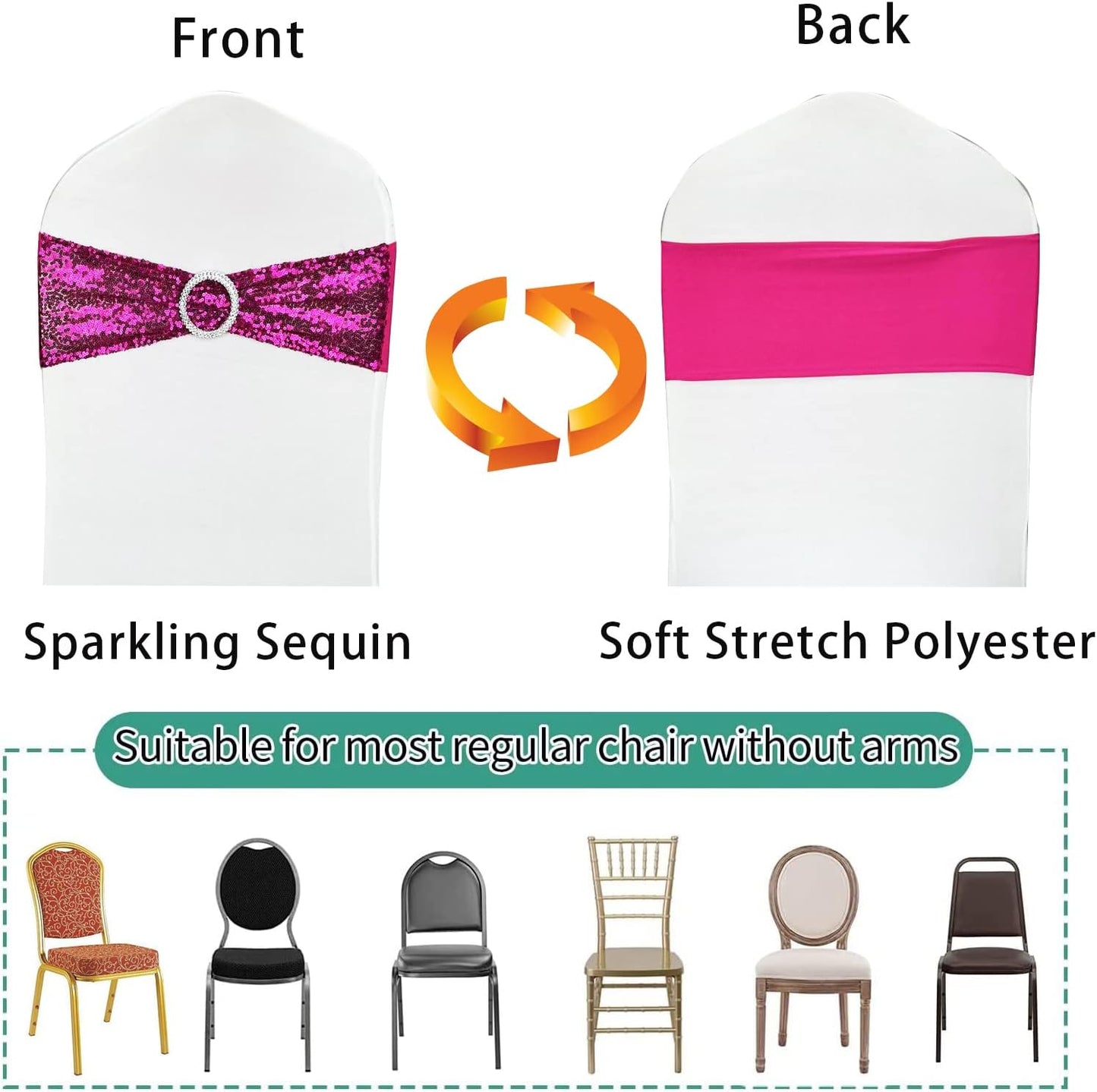 10 Pcs Chair Sashes Sequin Stretch Chair Bands Spandex Polyester Bows for Party Hotel Wedding Banquets Decoration - Magenta