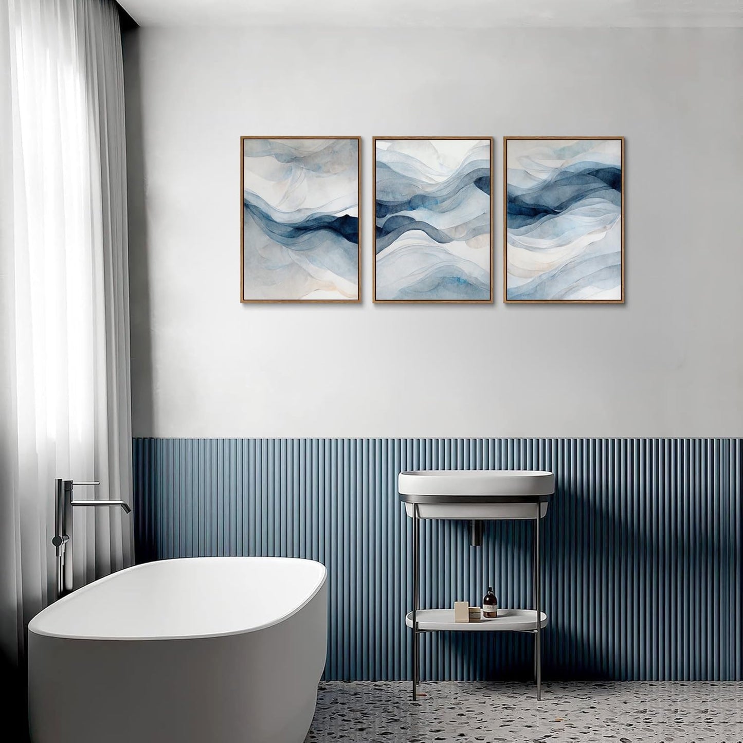 myusuar 3 Piece Large Abstract Framed Wall Art For Living Room, Smoke Texture Ink Navy Blue Canvas Wall Art Modern Minimalist Art Prints Wall Décor For Bedroom Office 16x24in