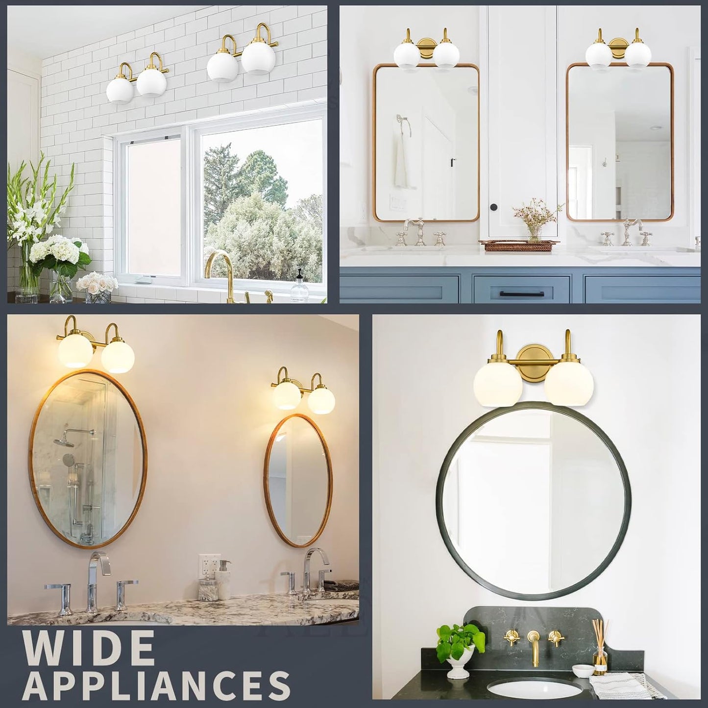 Gold Bathroom Vanity Light Fixtures, 2 Light Modern Over Mirror with White Milk White Globe Glass Shade