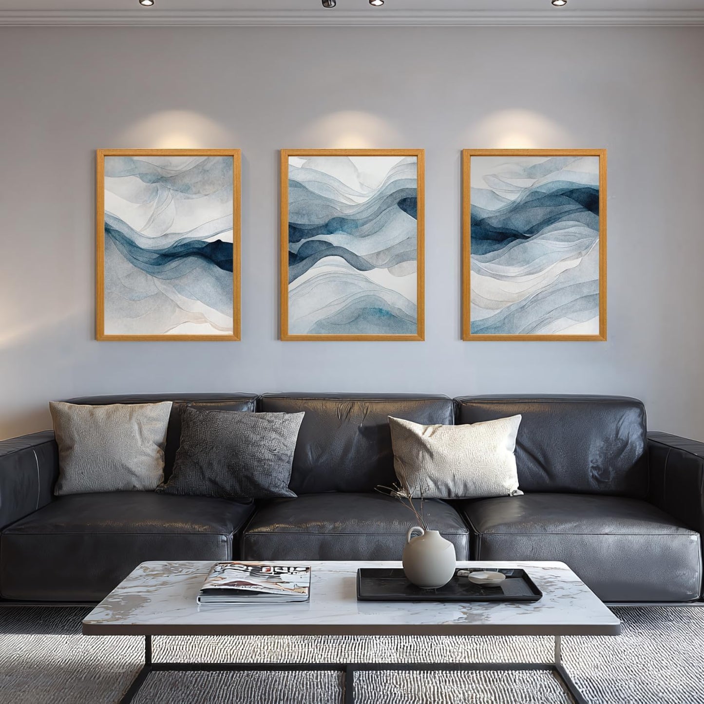 IAFWZX Wood Framed Blue Gray Abstract Wall Art, Modern Minimalist Waves Wall Decor, Neutral Watercolor Line Canvas Paintings, Navy Blue Watercolor Poster Prints for Living Room Office 12"x16"x3