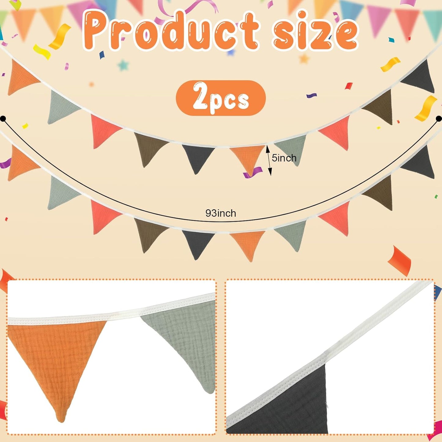 Oudain 15.5 ft Pennant Banner Flags, 2 Pcs Nursery Garland Triangle Bunting Flag Baby Banner for Nursery Decor Baby Birthday Boho Wedding Shower Party Event, Each 7.75 ft(Rustic Color)