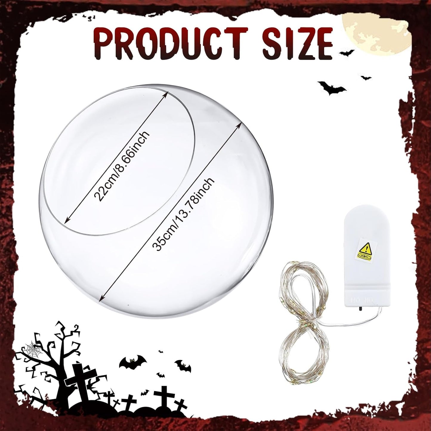 Halloween 14" Clear Acrylic Globe Decoration costume Set for Haunted House with 8.6" Neckless Opening with Blue String Lights 9.8ft Smooth Textured for Halloween