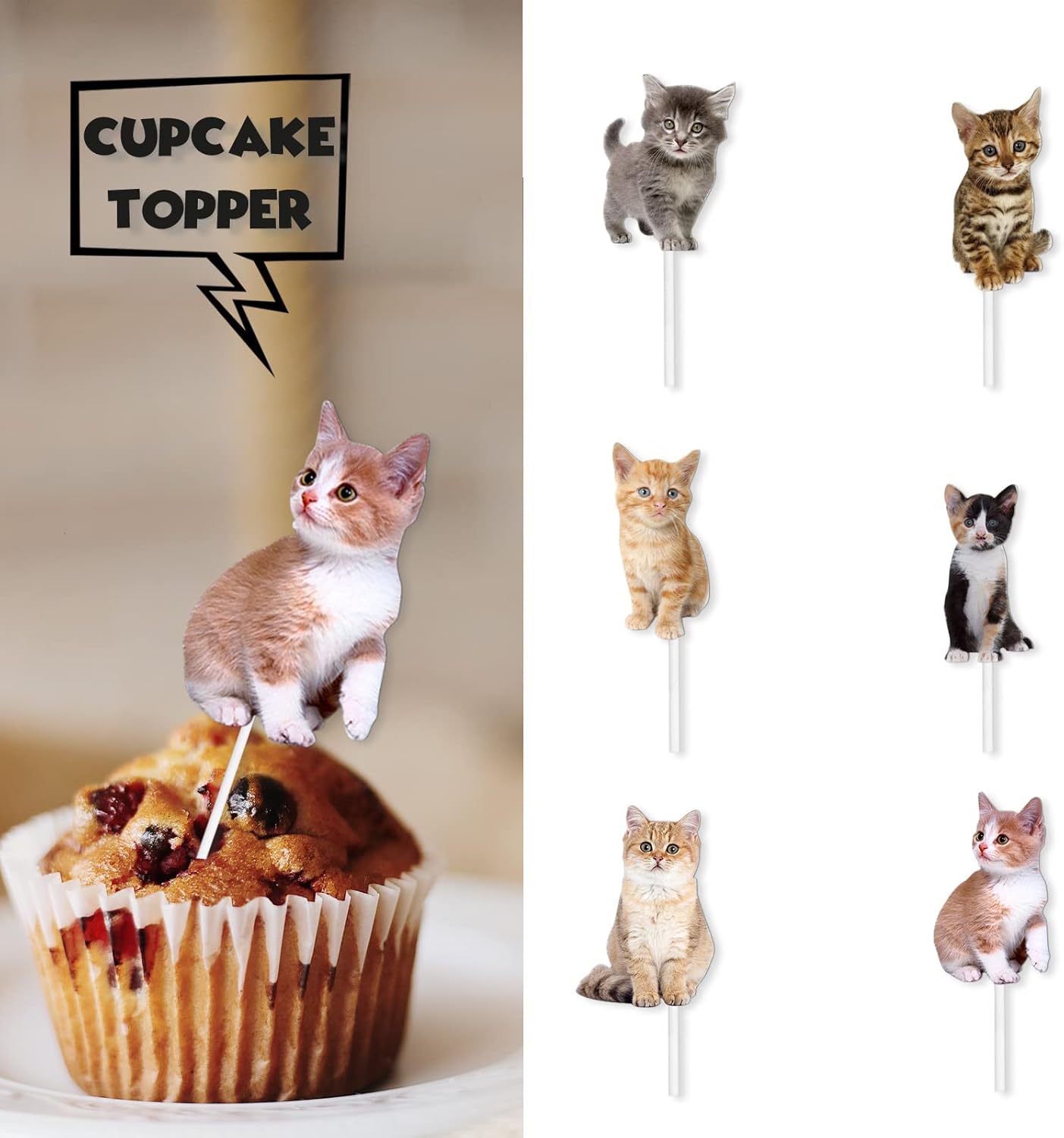18pcs Glitter Cat Dessert Cupcake Topper Pick for Cute Lovely Cat Theme Decorations Baby Shower Boys Girls Happy Birthday Party Decor Supplies
