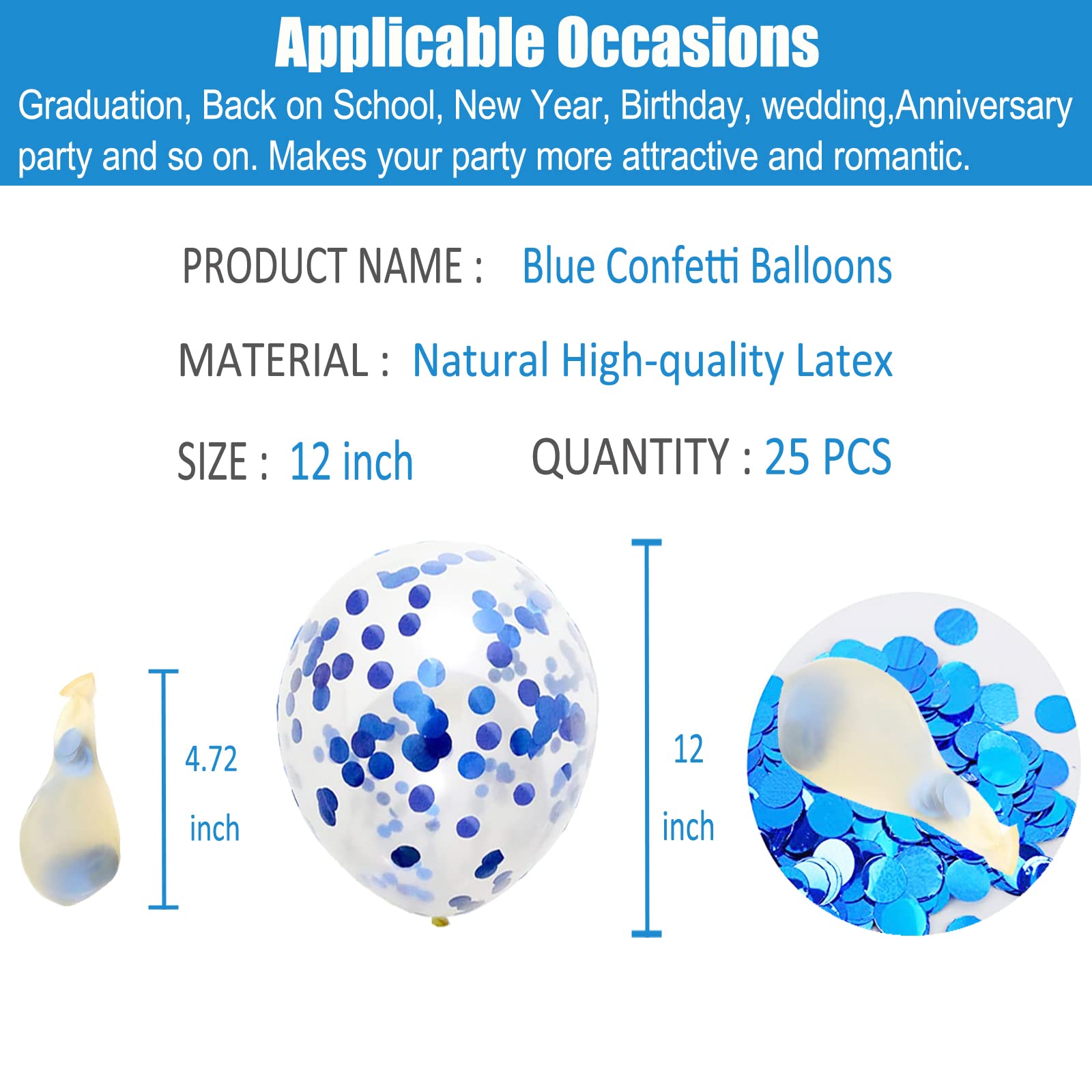 GaesQae Blue Confetti Balloons, 25pcs 12in Latex Balloons with Blue Foil Confetti for Birthday