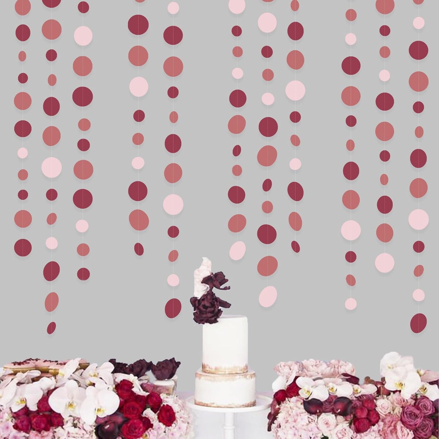 Burgundy Dusty Pink Decorations Circle Dot Garland Maroon Pink Hanging Polka Dot Streamer Banner for Wedding Birthday Bridal Shower Engagement Baby Shower Graduation Anniversary Garnet Party Supplies