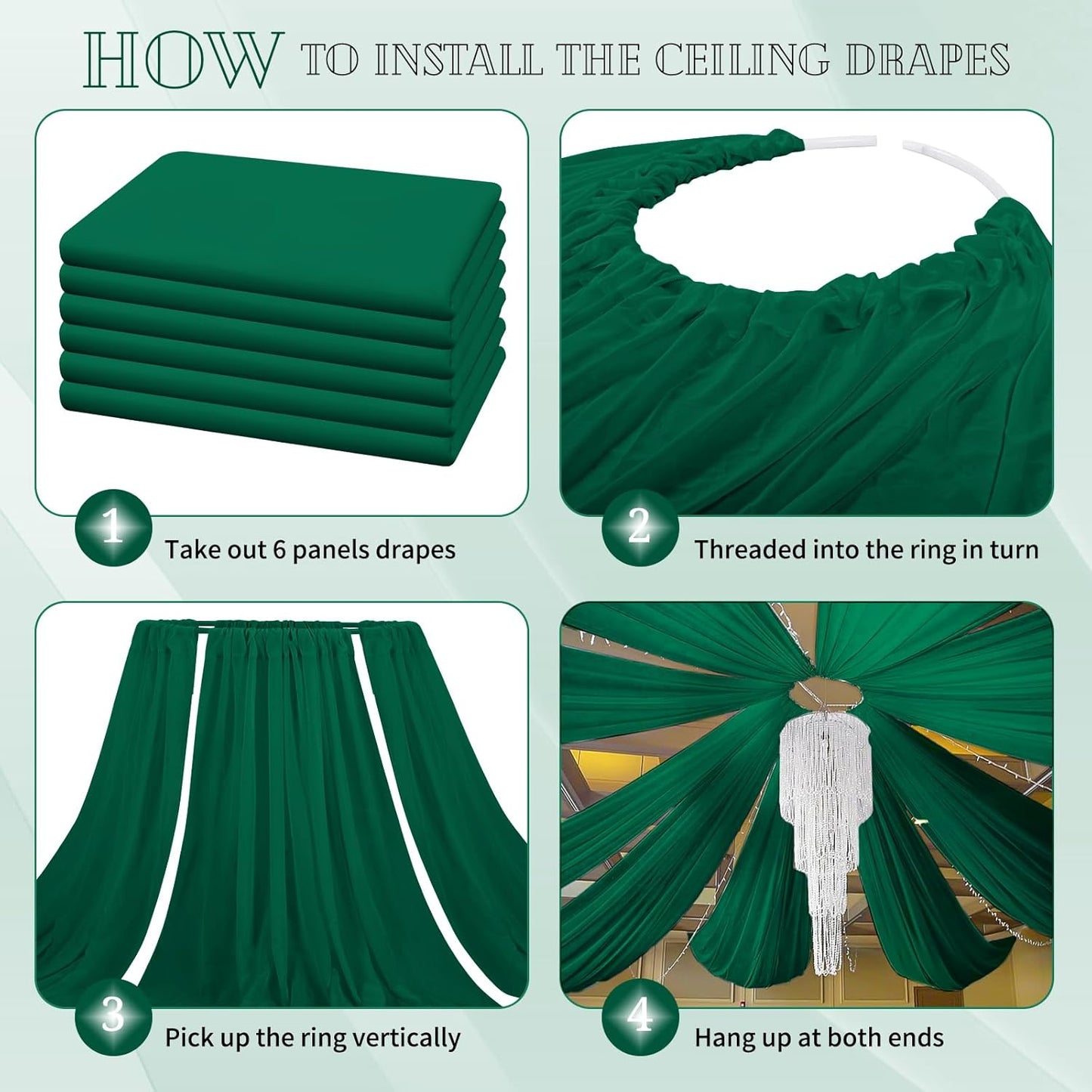 6 Panels Emerald Green Ceiling Drapes for Wedding 5ftx30ft Chiffon Fabric Arch Draping Curtains Sheer Drapery for Party Ceremony Birthday Baby Shower Reception Stage Swag Ceiling Decorations