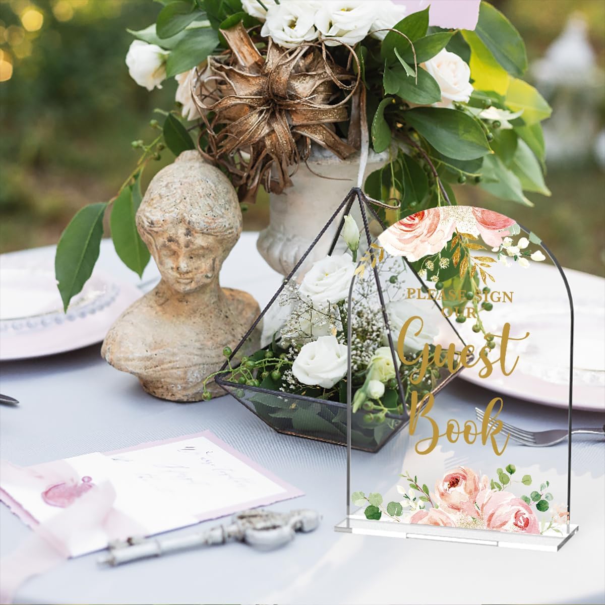 Acrylic Wedding Signs, Bridal Shower Decorations, Please Sign Our Guestbook Signs for Reception, Modern Calligraphy Arch Acrylic Table Top Sign for Wedding Reception (Clear Pink Flowers)