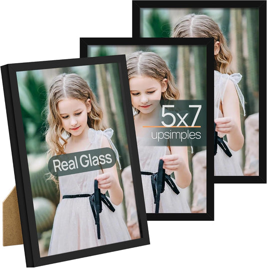 upsimples 5x7 Picture Frame Set of 3, Made of High Definition Glass for 5 x 7 Black Frames, Wall and Tabletop Display Thin Border Photo Frame for Home Décor