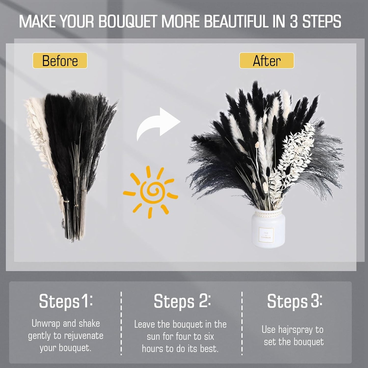 102PCS Black Pampas Grass Decor, Grey White Natural Dried Pampas Grass Bulk, Boho Home Decor Bouquet, Black and White Dried Flowers Decor, Halloween Wedding Floral Arrangements Vases Decorations