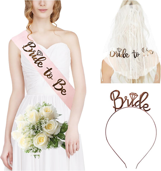 3 Pack Bride to Be Decorations Set, Bride to Be Sash, White Bride Veil, Bride Headband Tiara for Bachelorette Party Bridal Shower Decoration(Rose Gold)