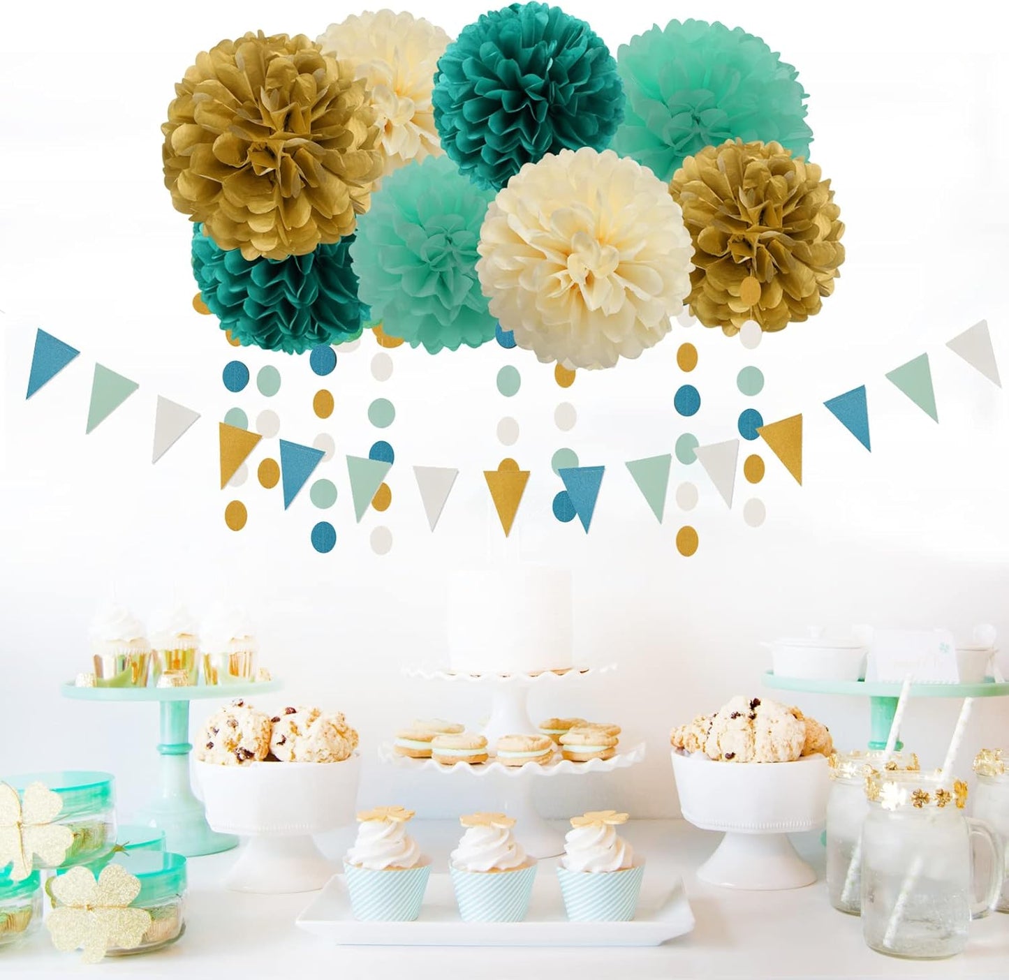 Teal-Blue Mint Beige-Gold Party Decorations - 30pcs Rustic Wedding Tissue Pom Poms Streamers,Tassel Garland Banner,Women Birthday Bachelorette Engagement Party Decor Bunting Lasting Surprise