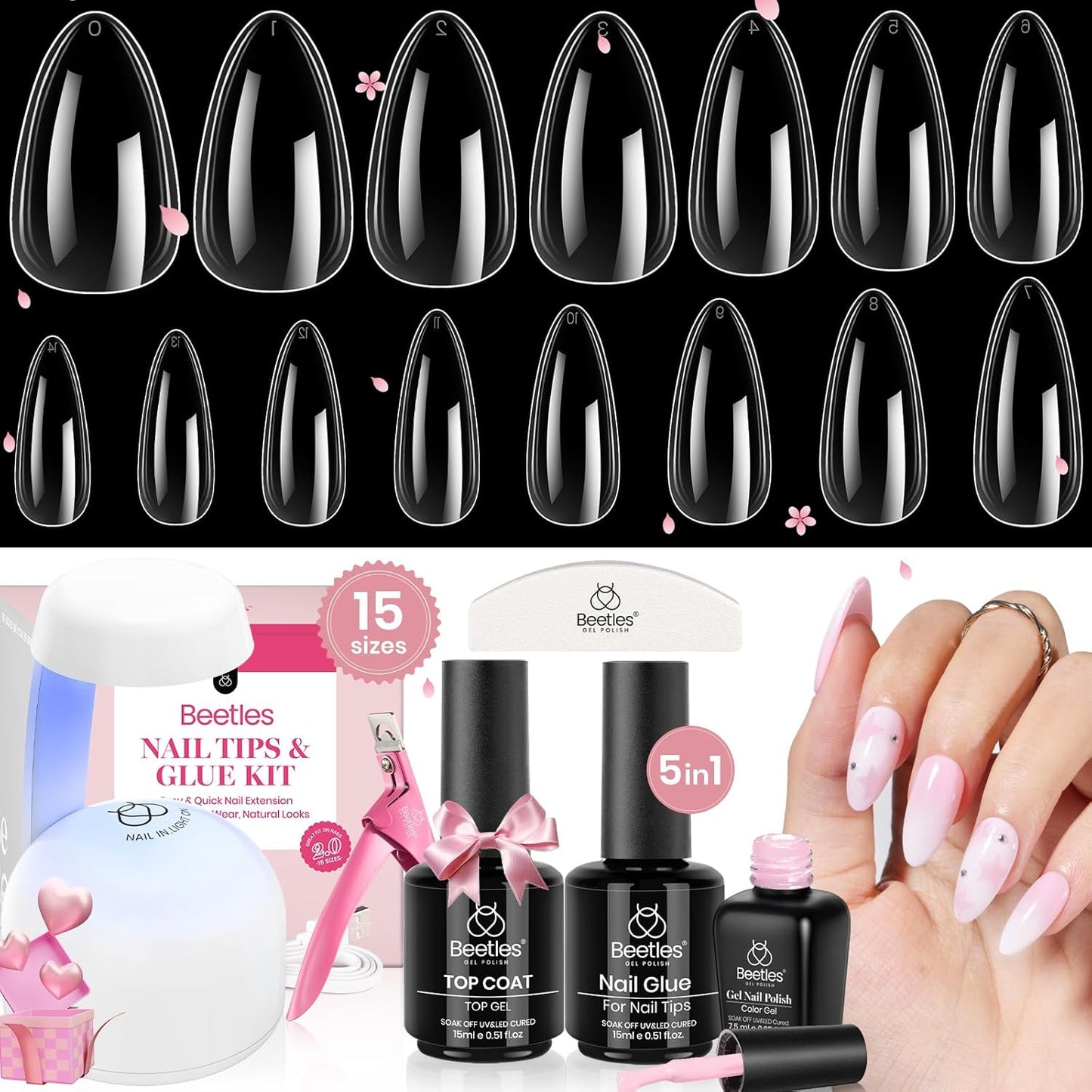 Beetles Gel Nail Kit Clear, Almond Medium, 600pcs 15 Sizes, with Pink Color Gel Top Coat 9 in 1 Glue Mini Nail Lamp, Fall Nails, Full Cover Easy Nail Extension Set for Home DIY Salon Gift for Women