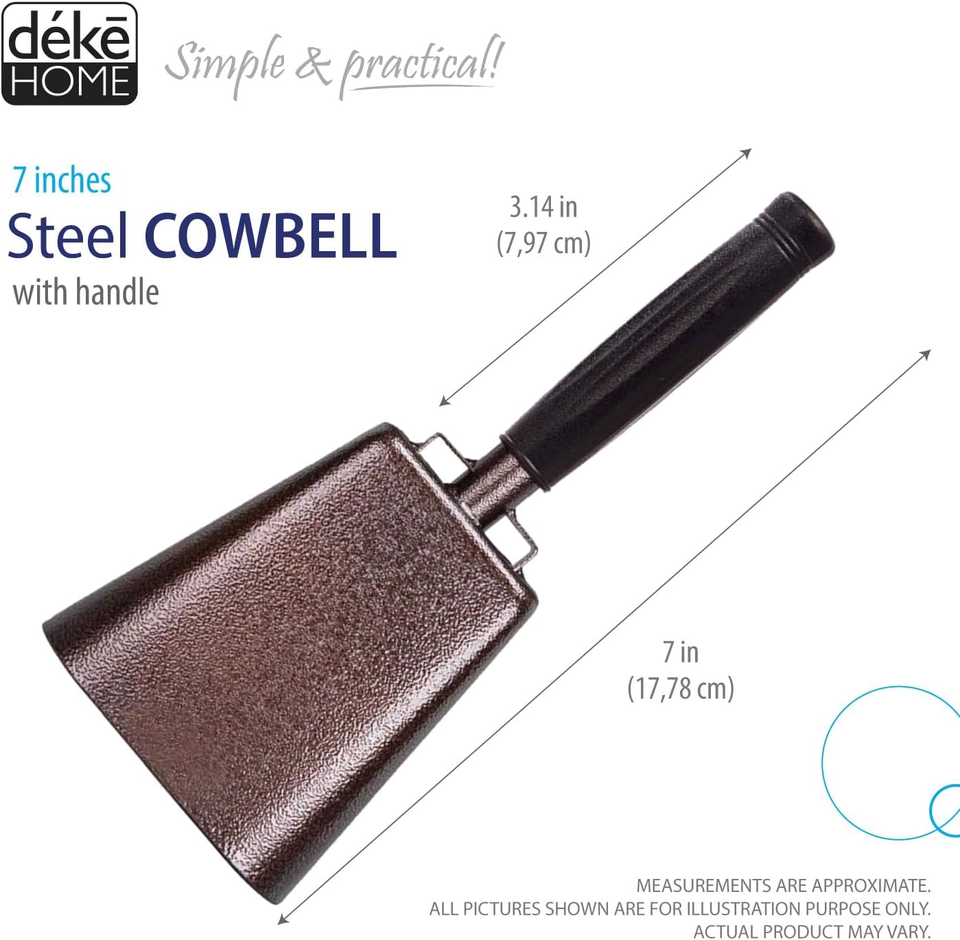Deke Home - 2 Pack 7 Inch Steel Cowbells with Handle, Loud Noise Makers for Football, Sports, Parties, Competitions, School Spirit & Safety, Large Hand Bell for Cheering & Percussion Instrument