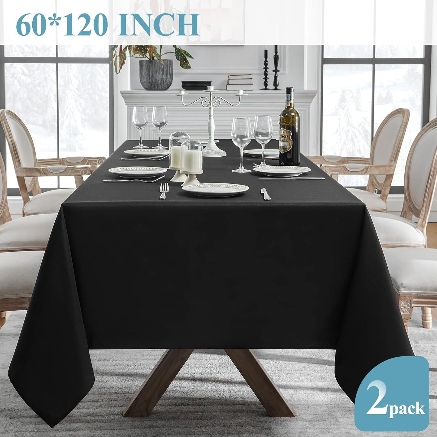 VidaFete Tablecloth 60 * 120inch 2pack Rectangle Table Cloth Polyester, Stain Wrinkle Resistant Dining Table Cover for Kitchen Dinning Party Wedding Rectangular Tabletop Buffet Decoration (Black)