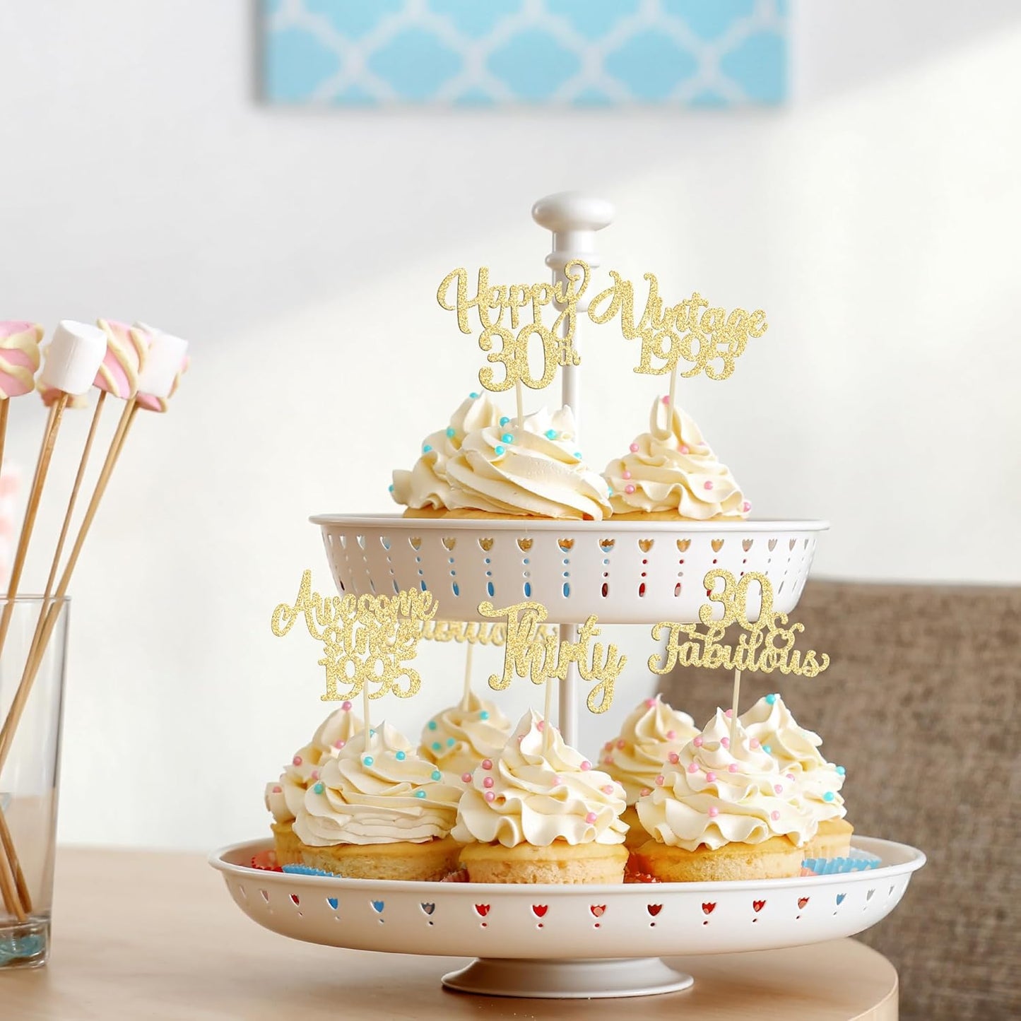 30Pcs Vintage 1995 Cupcake Toppers Glitter Thirty Happy 30th Birthday 30 Fabulous Cupcake Picks Cheers to 30 Years for 30th Birthday Wedding Anniversary Party Cake Decorations Supplies Gold