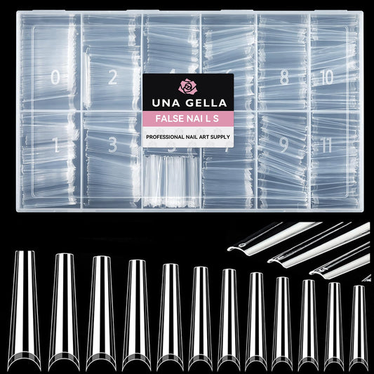 UNA GELLA Extra Long Coffin Nail Tips No C Curve 504PCS XXL Coffin Nails Half Cover Long Coffins Gel Nails Tips Clear Fake False Nails Long Gel Extensions for Nail Art Salon Home DIY No Need File