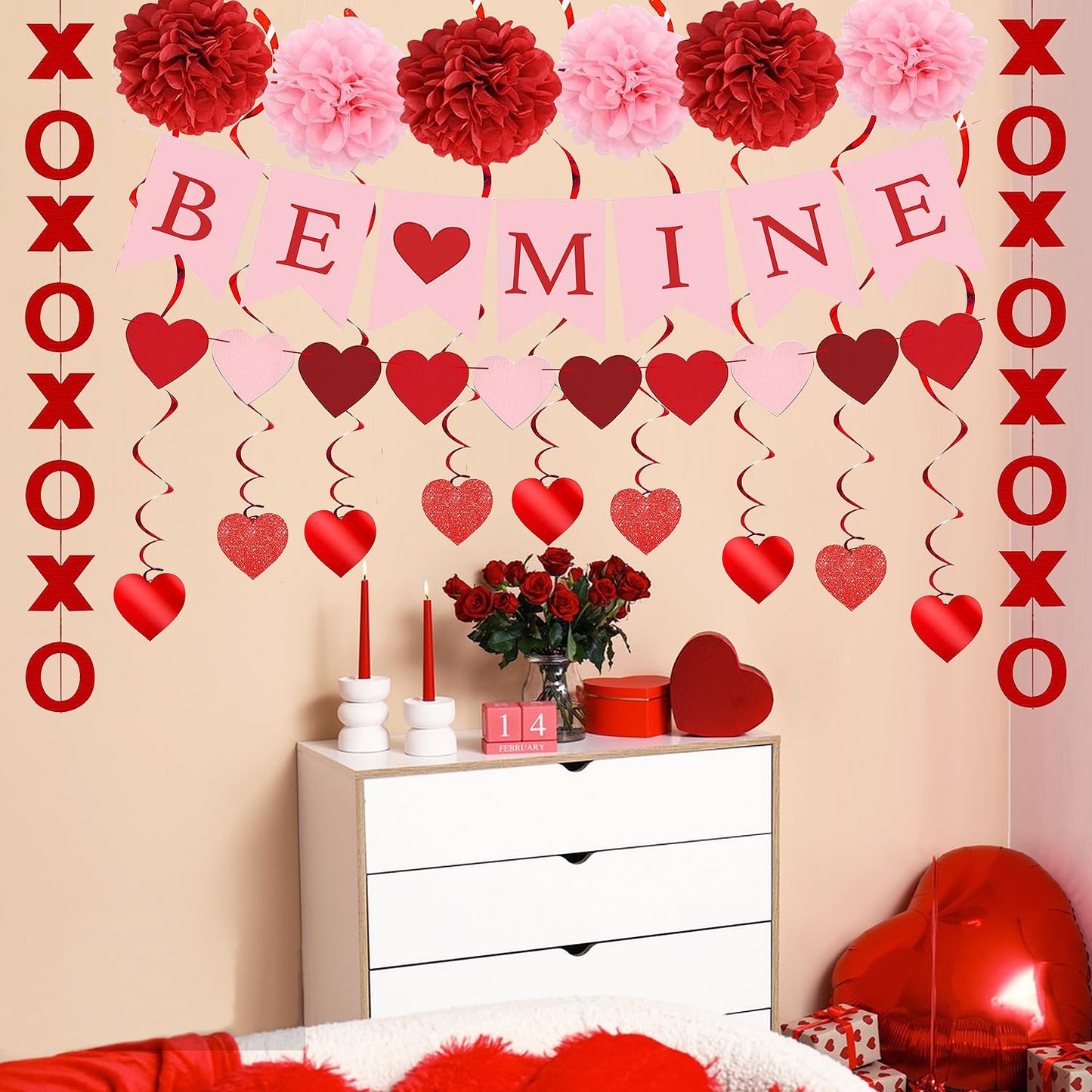 Upgraded Valentines Day Decorations Set Pre-Assembled Hanging Heart Swirls,BE Mine Banner,Heart XO