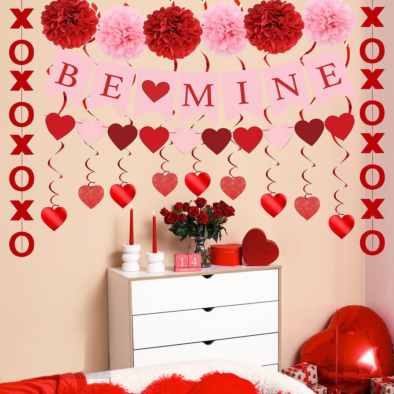 Upgraded Valentines Day Decorations Set Pre-Assembled Hanging Heart Swirls,BE Mine Banner,Heart XO