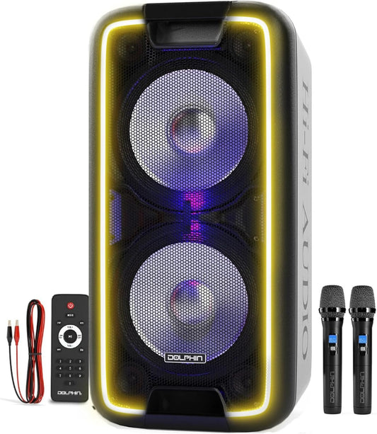 Dolphin 1000W Karaoke Party Speaker with 2 Wireless Microphones, Bluetooth, LED Lights, Tailgate Ready, and Long-Lasting Battery