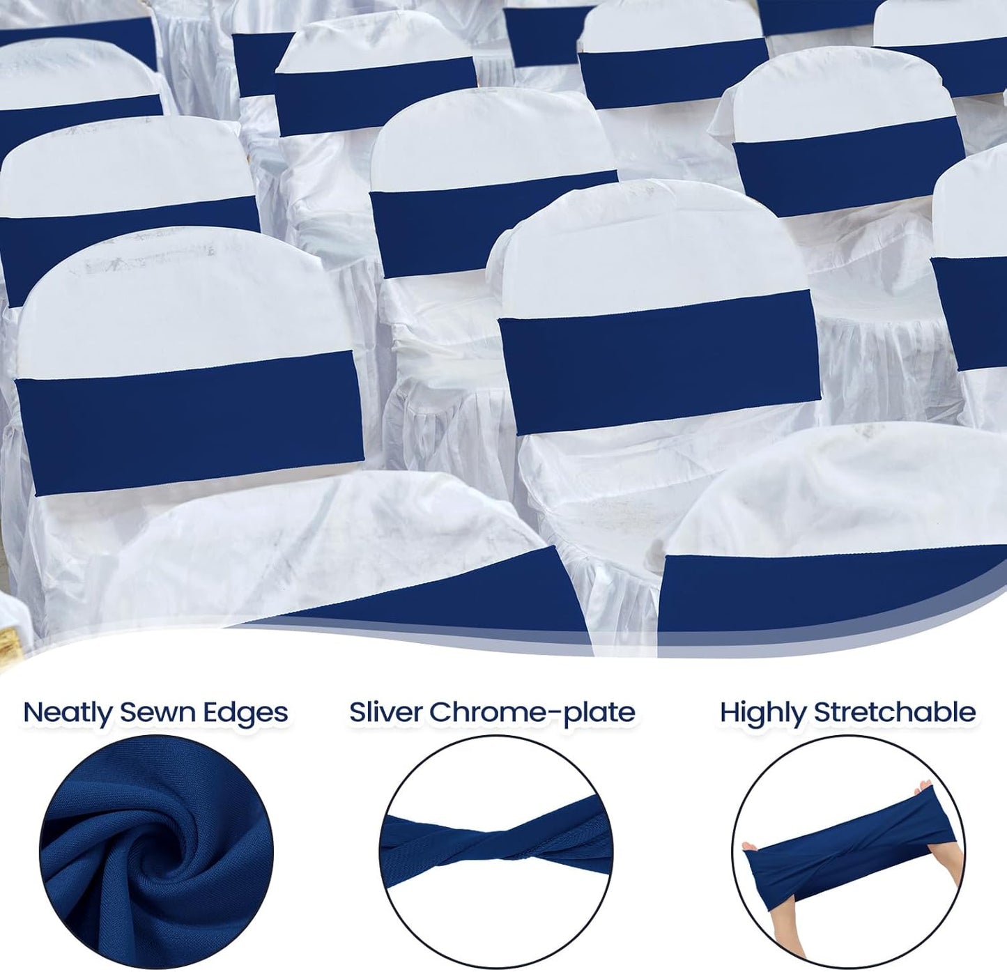 Kinlop 50 Pcs Spandex Chair Sashes Bows Chair Bands Slider Sashes for Covers Elastic Bands Ties Without Buckle Decorations for Wedding Party Events Ceremony Birthday(Navy Blue)