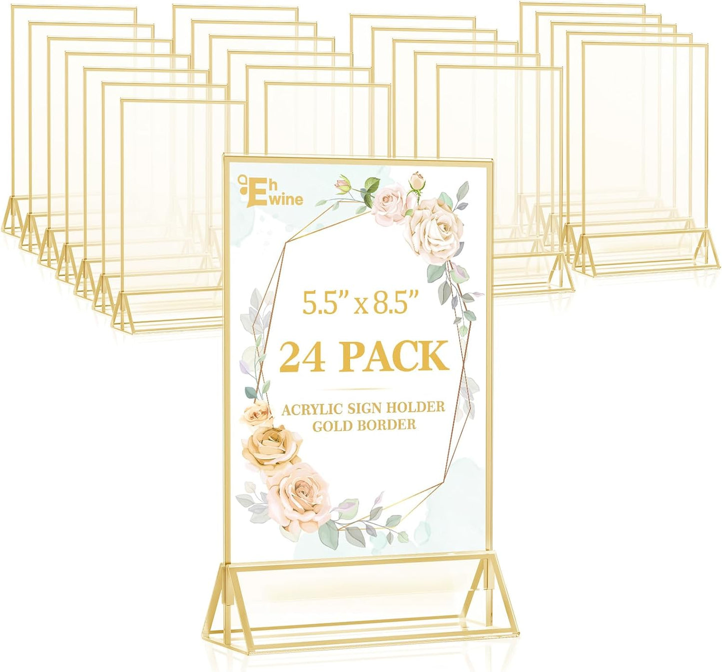 EHWINE 24 Pack Acrylic Sign Holder 5.5 x 8.5, Double Sided Gold Picture Frame Stand up Table Top Sign Holders, Clear Display Stand Menu Flyer Holder for Wedding Party