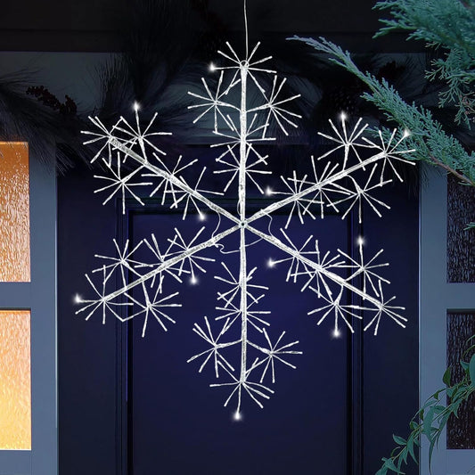 30’’ Christmas Snowflake Lights Outdoor, Pre-lit 240Pcs Cool White LEDs Hanging Silver Snowflake Decoration for Home Indoor Outdoor Window Silhouette