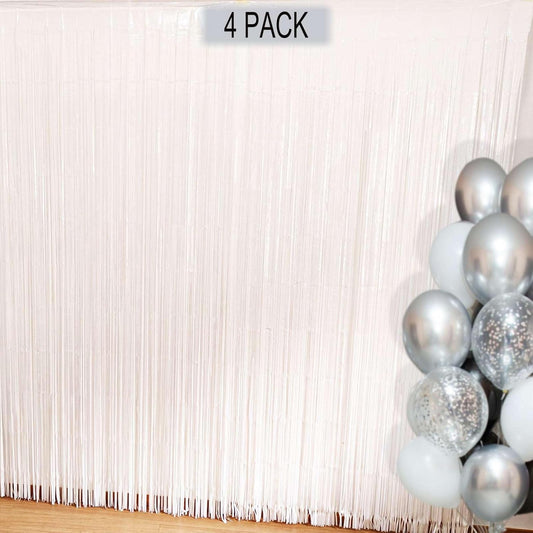 White Fringe Backdrop Curtains for Parties - 4 Pack of 3.2x8.2ft White Streamers Curtain Photo Backdrop for Wedding Birthday Bridal Shower Bachelorette Christmas Party Decorations