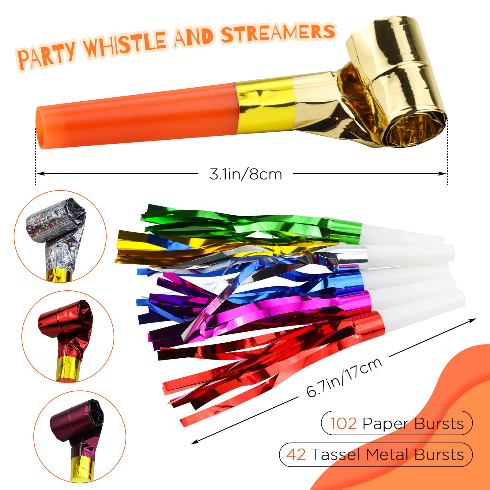 WEOXPR 144Pcs Noisemakers Blowouts Horns Bulk, 2 Styles (Paper + Fringed Metallic) Party Blowers