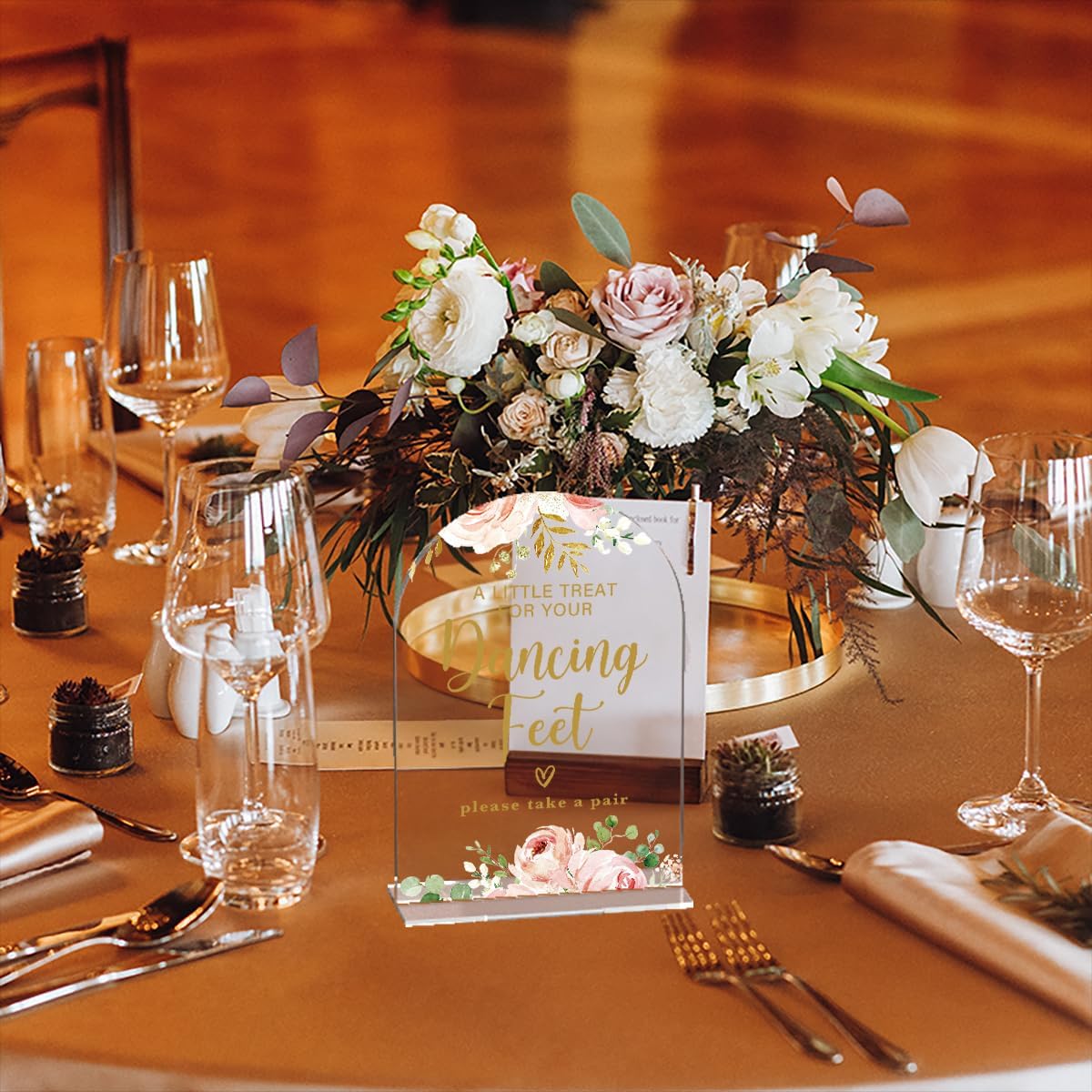 Acrylic Wedding Signs, Bridal Shower Decorations, Dancing Feet Signs for Reception, Modern Calligraphy Arch Acrylic Table Top Sign for Wedding Reception and Engagement Parties (Clear Pink Flowers)