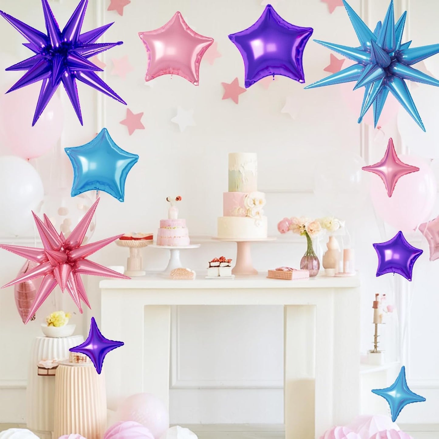 16 Pcs Pink Purple Blue Star Balloons, 22/18/10 Inch Foil Balloons, Four-Pointed Balloon for Girl Princess Mermaid Birthday Baby Shower Party Decorations