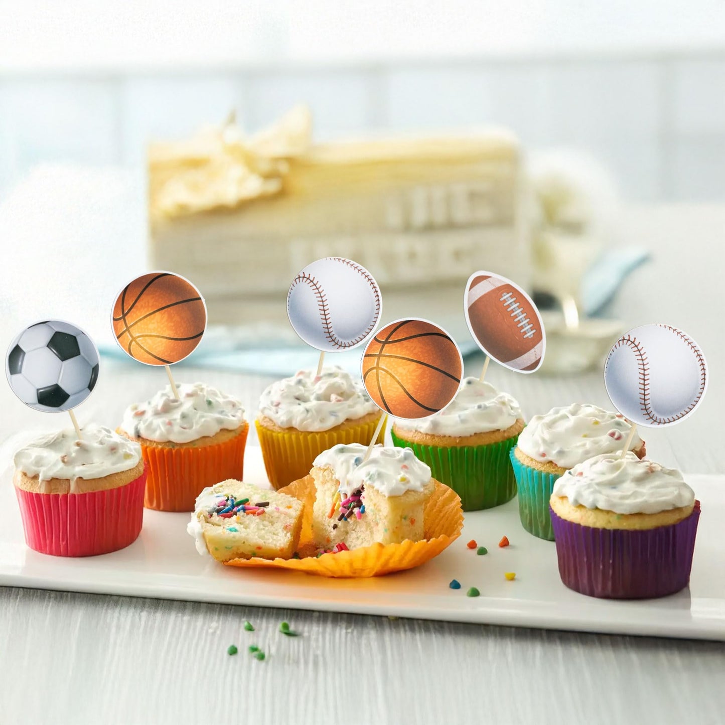 Gyufise 36 Pack Sports Cupcake Toppers Baseball Rugby Cupcake Picks Basketball Toothpicks Soccer