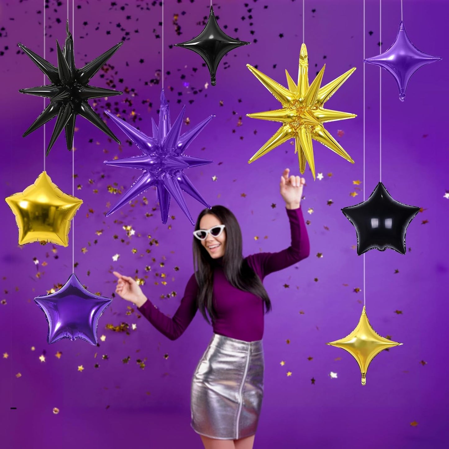 Star Balloons, 22in Purple Black and Gold Star Balloons Foil 10in 4-Pointed & Pentagram Balloon for Graduation Halloween New Year Birthday Party Decorations