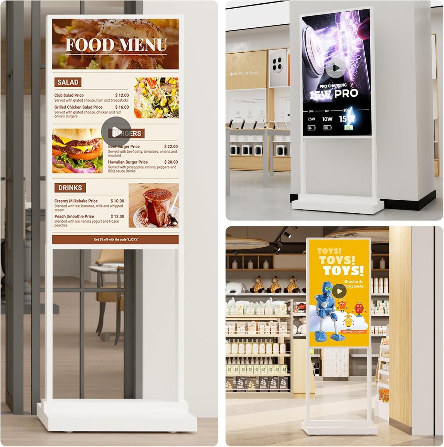 32 inch Digital Signage Kiosk LCD Advertising Display Menu Displays Indoor Floor Standing Vertical Poster White 2+32GB 2K 700nits Android OS with USB
