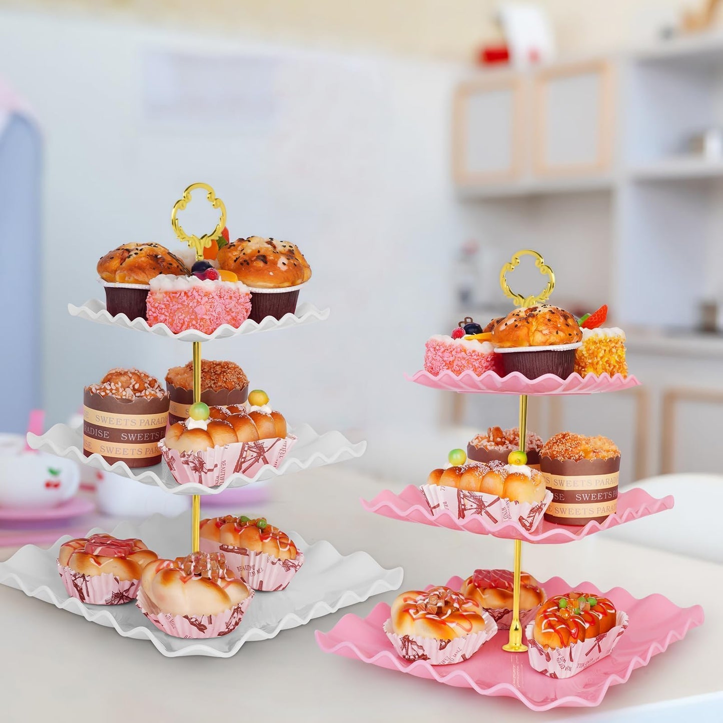 5 Pcs Dessert Table Display Set - 2 Pcs 3-Tier Dessert Display Stands & 3 Pcs Serving Tray