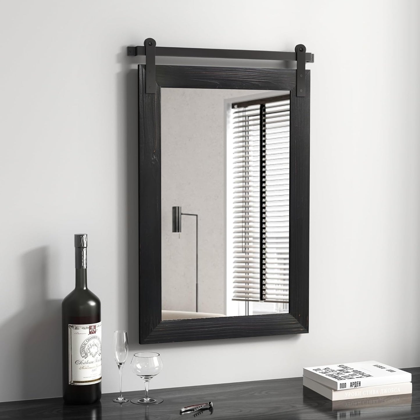 COGOOD Farmhouse Barn Door Mirror - 17 x 26 Rustic Wood Framed Wall Mirror for Bathroom, Living Room, Entryway Wall Decor (Black)