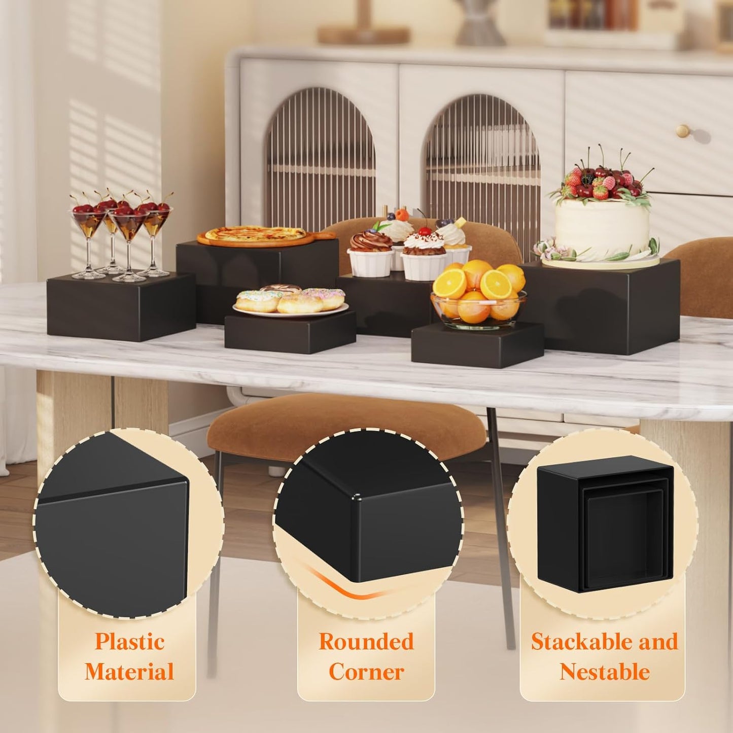 Lifewit Buffet Risers and Stands Up to 7.8", Food Risers for Buffet Table, Catering Dessert Cake Stand for Party, Collectibles Jewelry Display Stand, Black Cube Boxes Nesting Risers, 3 PCS