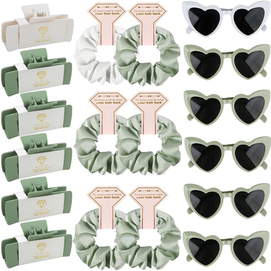 Bridesmaid Scrunchies Proposal Gifts 4.1inch square Hair Claws Bachelorette Hair Clip heart sunglasses Girls gift for Wedding Party Favors (18pcs White&Sage Green)