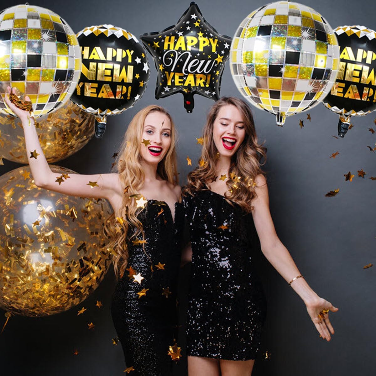 Happy New Year Balloons, 8pcs (2x22" Disco, 2x18" Round, 2x18" Star) - Black & Gold, Reusable, Self-Sealing Foil Balloons for New Year Party Decorations, Adults & Unisex