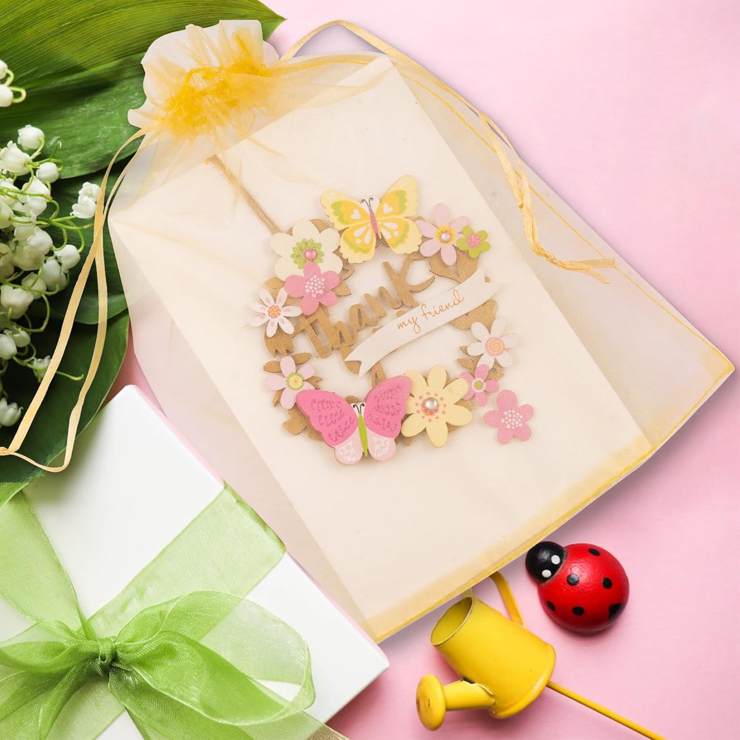 ANZNKU 100 Pack Large Organza Bags 6x9 Inch Mesh Gift Bags Drawstring Candy Bag Packaing Bag(Gold)