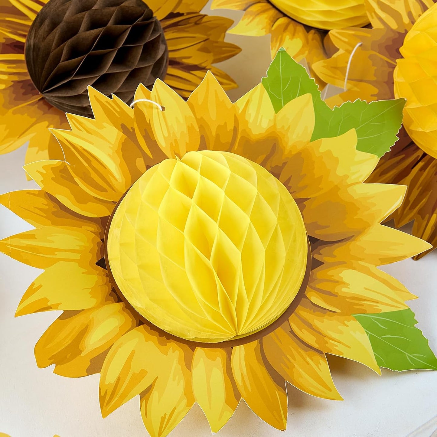 SUNBEAUTY 9 PCS 10 Inches Sunflower Decorations for Party 3D Large Honeycomb Hanging Paper Decorations Birthday Yellow Ceiling Wall Tissue Flowers Summer Fall Sunflower Farm Paper Flowers Decorations