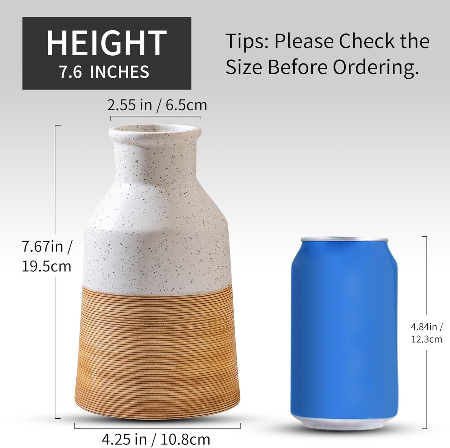 Rustic Farmhouse Flower Ceramic Striped Vase, White and Brown Decorative Ceramic Modern Floral Vase for Bouquet, Cottage Home Core Decor, Tabletop Bedroom Office Bookshelf Living Room Wedding 7.7 Inch