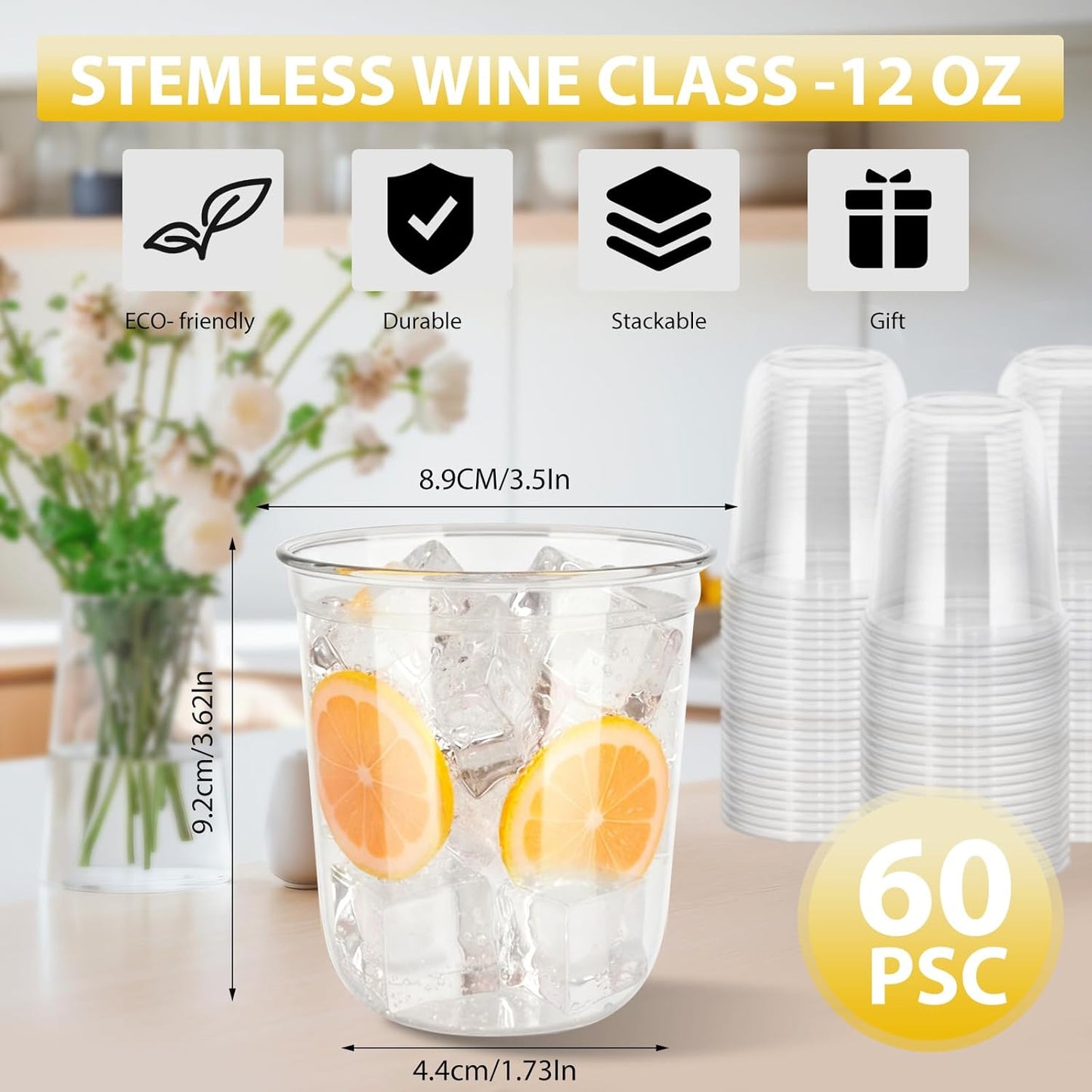 60 Pcs Disposable Stemless Clear Glasses 12 oz NATURAL Arc Crystal Plastic wine glasses Clear Classic Pet Cup for Meeting Weddings Birthdays Cocktail Christmas Party Supplies