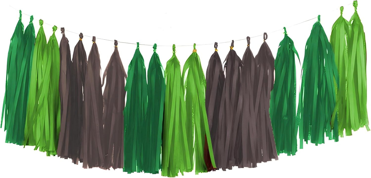 Green and Brown Tissue Tassel Garland, Party Decoration Tissue Tassel Banner, Set of 15 Pieces
