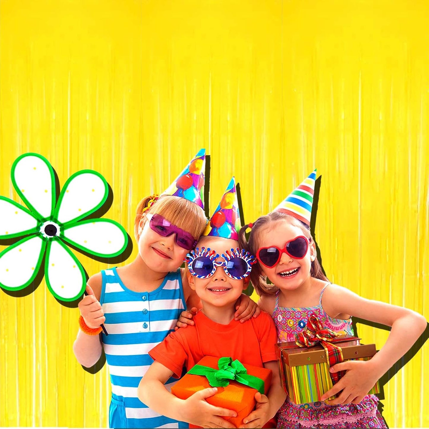 4 Pack Macaron Yellow Tinsel Foil Fringe Curtain Backdrop, 3.28Ft x 8.2Ft Metallic Streamers Props Wedding Bridal Shower Party Decoration, One Size, (Yellow 8.2Ft)