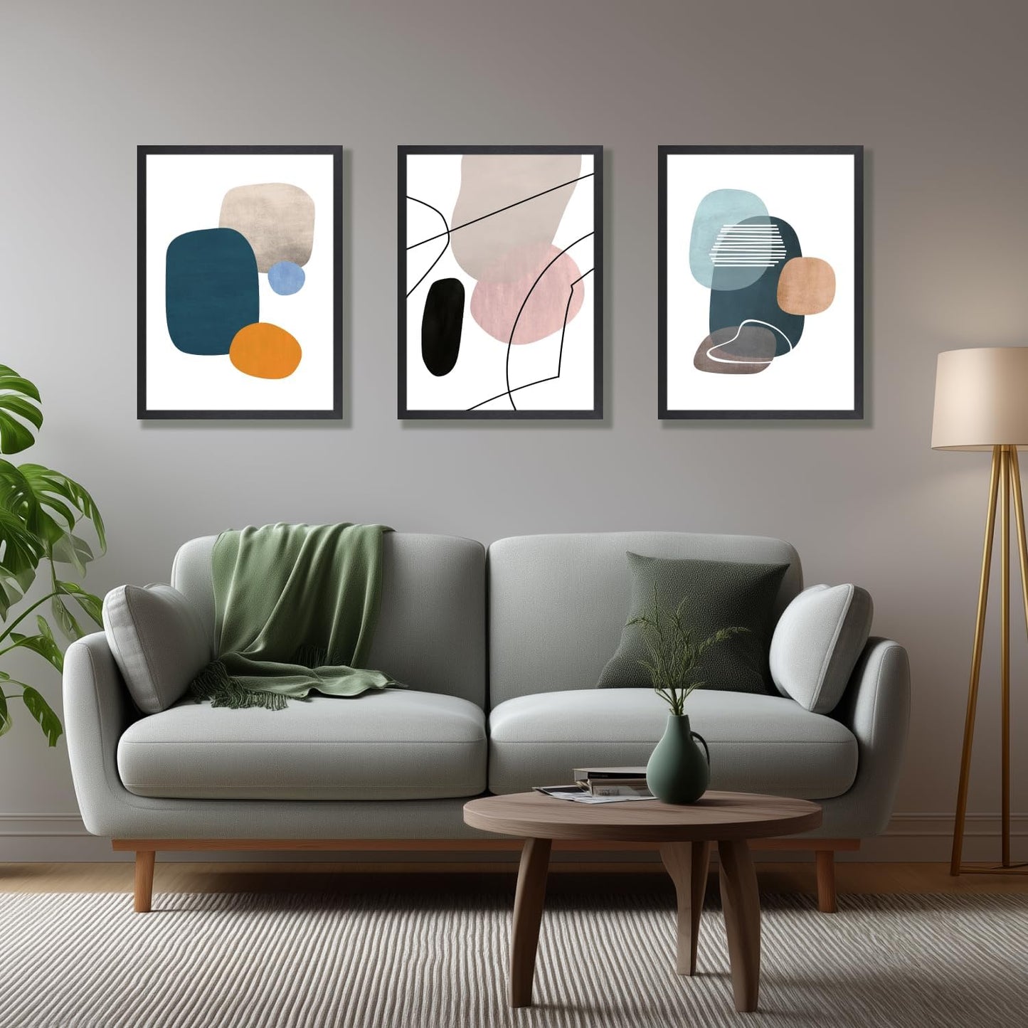 IAFWZX Wood Framed Abstract Geometric Wall Art, Orange Blue Beige Color Block Wall Decor, Modern Minimalist Canvas Painting, Neutral Boho Colorful Geometric Aesthetic Picture for office 16"x24"x3